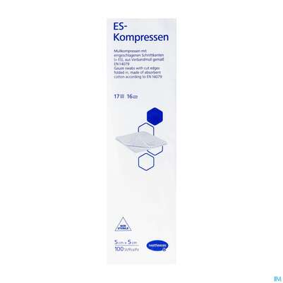 Sie sehen eine Packung Mullkompressen-es Hartmann/unsteril 16fach 17faedig 5x 5cm 100st, Produktbild: 02 Mullkompressen-es Hartmann/unsteril 16fach 17faedig 5x 5cm 100st, A-Nr.: 1036862 - 02