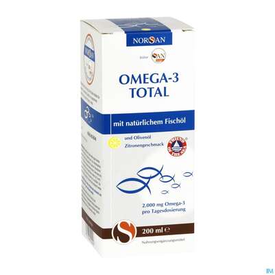 Sie sehen eine Packung Omega -3 Norsan Oel/total Zitr.geschm.,hochd. 200ml, Produktbild: 01 Omega -3 Norsan Oel/total Zitr.geschm.,hochd. 200ml, A-Nr.: 4524935 - 01