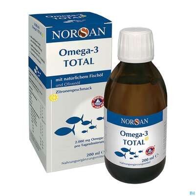 Sie sehen eine Packung Omega -3 Norsan Oel/total Zitr.geschm.,hochd. 200ml, Produktbild: 02 Omega -3 Norsan Oel/total Zitr.geschm.,hochd. 200ml, A-Nr.: 4524935 - 02