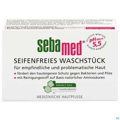Sie sehen eine Packung Sebamed/sebapharma Waschstueck Seifenfrei 100g, Produktbild: 01 Sebamed/sebapharma Waschstueck Seifenfrei 100g, A-Nr.: 0546934 - 01