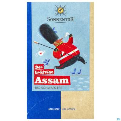 Sie sehen eine Packung Sonnentor Schwarztee Bio Assam Beutel 02610 18st, Produktbild: 01 Sonnentor Schwarztee Bio Assam Beutel 02610 18st, A-Nr.: 4307818 - 01