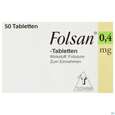 Sie sehen eine Packung Folsan Tabl 0,4mg 50st, Produktbild: 01 Folsan Tabl 0,4mg 50st, A-Nr.: 2423242 - 01
