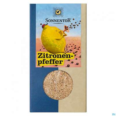 Sie sehen eine Packung Sonnentor Gewuerz/bio Zitronenpfeffer Packung 00648 70g, Produktbild: 01 Sonnentor Gewuerz/bio Zitronenpfeffer Packung 00648 70g, A-Nr.: 5476256 - 01