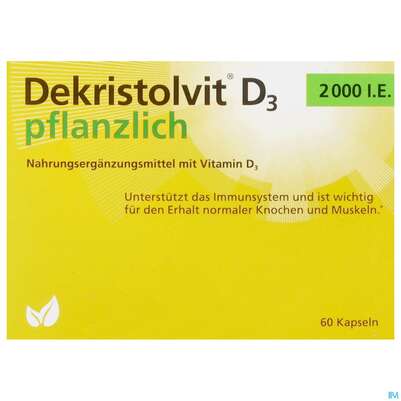 Sie sehen eine Packung Vitamin D3 Kapseln 2000ie Dekristolvit Pflanzlich 60st, Produktbild: 01 Vitamin D3 Kapseln 2000ie Dekristolvit Pflanzlich 60st, A-Nr.: 5800515 - 01
