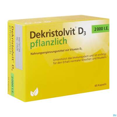 Sie sehen eine Packung Vitamin D3 Kapseln 2000ie Dekristolvit Pflanzlich 60st, Produktbild: 02 Vitamin D3 Kapseln 2000ie Dekristolvit Pflanzlich 60st, A-Nr.: 5800515 - 02