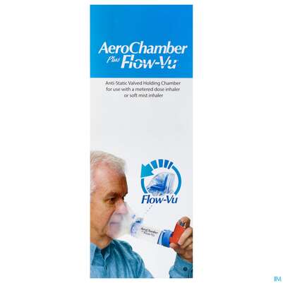 Sie sehen eine Packung Inhalatoren U.zubehoer Aero Chamber +maske Blau Erwachsene +flow-vu Neu 1st, Produktbild: 01 Inhalatoren U.zubehoer Aero Chamber +maske Blau Erwachsene +flow-vu Neu 1st, A-Nr.: 5476492 - 01