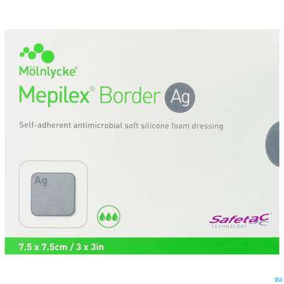 Sie sehen eine Packung Wundverband Mepilex Silikon Border/ag 7,5x 7,5cm 5st, Produktbild: 01 Wundverband Mepilex Silikon Border/ag 7,5x 7,5cm 5st, A-Nr.: 3847719 - 01