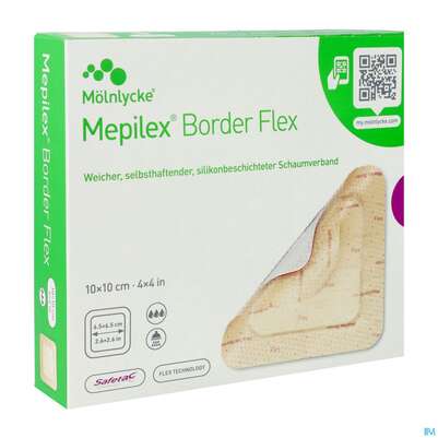Sie sehen eine Packung Schaumverband Mepilex/flexibel Border 10x 10cm 10st, Produktbild: 03 Schaumverband Mepilex/flexibel Border 10x 10cm 10st, A-Nr.: 4802274 - 03