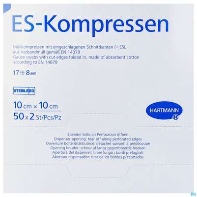 Sie sehen eine Packung Mullkompressen-es Hartmann/steril 8fach 17faedig 10x 10cm 50x2 100st, Produktbild: 01 Mullkompressen-es Hartmann/steril 8fach 17faedig 10x 10cm 50x2 100st, A-Nr.: 5662450 - 01
