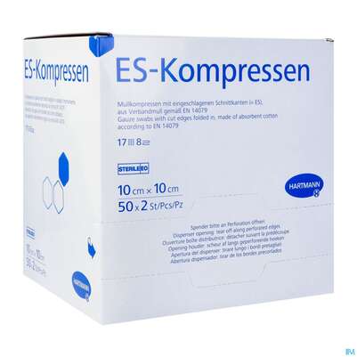 Sie sehen eine Packung Mullkompressen-es Hartmann/steril 8fach 17faedig 10x 10cm 50x2 100st, Produktbild: 02 Mullkompressen-es Hartmann/steril 8fach 17faedig 10x 10cm 50x2 100st, A-Nr.: 5662450 - 02