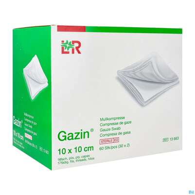 Sie sehen eine Packung Mullkompressen Gazin Baumw.17faedig Steril 16fach 10x10cm 30x2 60st, Produktbild: 02 Mullkompressen Gazin Baumw.17faedig Steril 16fach 10x10cm 30x2 60st, A-Nr.: 2384743 - 02