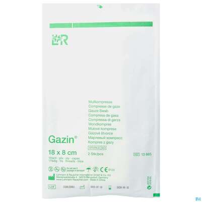 Sie sehen eine Packung Mullkompressen Gazin Baumw.17faedig Steril 16fach 18x 8cm 2st, Produktbild: 01 Mullkompressen Gazin Baumw.17faedig Steril 16fach 18x 8cm 2st, A-Nr.: 2570173 - 01