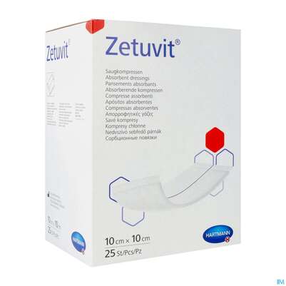 Sie sehen eine Packung Zetuvit Saugkompressen Steril 10x 10cm 25st, Produktbild: 02 Zetuvit Saugkompressen Steril 10x 10cm 25st, A-Nr.: 1039642 - 02
