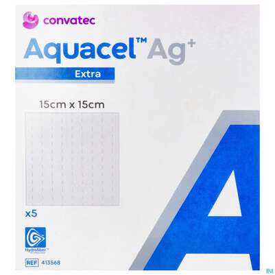 Sie sehen eine Packung Wundauflagen Aquacel Ag+/extra +verstaerkungsfasern 15x 15cm 41356 5st, Produktbild: 01 Wundauflagen Aquacel Ag+/extra +verstaerkungsfasern 15x 15cm 41356 5st, A-Nr.: 4262211 - 01