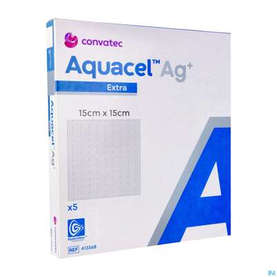 Sie sehen eine Packung Wundauflagen Aquacel Ag+/extra +verstaerkungsfasern 15x 15cm 41356 5st, Produktbild: 02 Wundauflagen Aquacel Ag+/extra +verstaerkungsfasern 15x 15cm 41356 5st, A-Nr.: 4262211 - 02