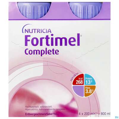 Sie sehen eine Packung Fortimel/complete 200ml Vitalflasche Erdbeere 4st, Produktbild: 01 Fortimel/complete 200ml Vitalflasche Erdbeere 4st, A-Nr.: 3664829 - 01