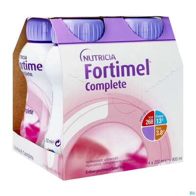 Sie sehen eine Packung Fortimel/complete 200ml Vitalflasche Erdbeere 4st, Produktbild: 02 Fortimel/complete 200ml Vitalflasche Erdbeere 4st, A-Nr.: 3664829 - 02