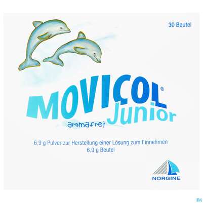 Sie sehen eine Packung Movicol Pulver 6,9g Junior Aromafrei Beutel 30st, Produktbild: 01 Movicol Pulver 6,9g Junior Aromafrei Beutel 30st, A-Nr.: 3502908 - 01