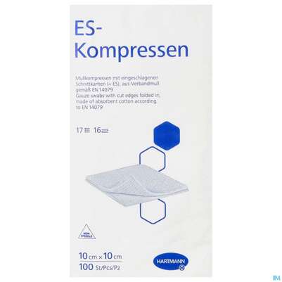 Sie sehen eine Packung Mullkompressen-es Hartmann/unsteril 16fach 17faedig 10x 10cm 100st, Produktbild: 01 Mullkompressen-es Hartmann/unsteril 16fach 17faedig 10x 10cm 100st, A-Nr.: 0863362 - 01