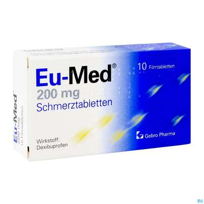 Sie sehen eine Packung Eu-med Schmerztabl 200mg 10st, Produktbild: 02 Eu-med Schmerztabl 200mg 10st, A-Nr.: 2442647 - 02