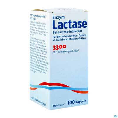 Sie sehen eine Packung Lactase Enzym/kapseln 3.300 Fcc -pro Natura 100st, Produktbild: 02 Lactase Enzym/kapseln 3.300 Fcc -pro Natura 100st, A-Nr.: 2046035 - 02