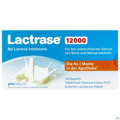 Sie sehen eine Packung Lactrase Kapseln 12.000 Fcc -pro Natura 150st, Produktbild: 01 Lactrase Kapseln 12.000 Fcc -pro Natura 150st, A-Nr.: 4183440 - 01