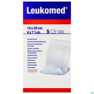 Sie sehen eine Packung Wundverband Leukomed/steril Verklebungsschutz 10x20cm 5st, Produktbild: 02 Wundverband Leukomed/steril Verklebungsschutz 10x20cm 5st, A-Nr.: 3896882 - 02