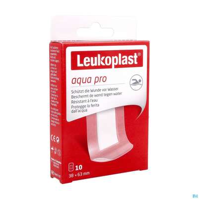 Sie sehen eine Packung Wundpflaster Leukoplast/aqua Pro Wasserdicht 38x63mm 10st, Produktbild: 02 Wundpflaster Leukoplast/aqua Pro Wasserdicht 38x63mm 10st, A-Nr.: 4369096 - 02