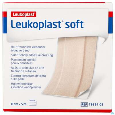 Sie sehen eine Packung Wundpflaster Leukoplast/soft 5mx 8cm 7929702 1st, Produktbild: 01 Wundpflaster Leukoplast/soft 5mx 8cm 7929702 1st, A-Nr.: 4803954 - 01