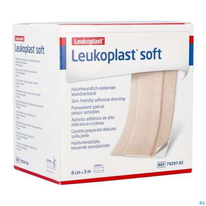 Sie sehen eine Packung Wundpflaster Leukoplast/soft 5mx 8cm 7929702 1st, Produktbild: 02 Wundpflaster Leukoplast/soft 5mx 8cm 7929702 1st, A-Nr.: 4803954 - 02