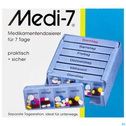 Sie sehen eine Packung Medikamentendosierer Medi-7 -pharmag 1 Woche Blau 1st, Produktbild: 01 Medikamentendosierer Medi-7 -pharmag 1 Woche Blau 1st, A-Nr.: 3451594 - 01