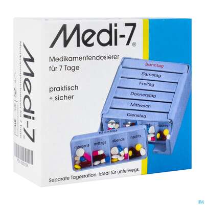 Sie sehen eine Packung Medikamentendosierer Medi-7 -pharmag 1 Woche Blau 1st, Produktbild: 02 Medikamentendosierer Medi-7 -pharmag 1 Woche Blau 1st, A-Nr.: 3451594 - 02
