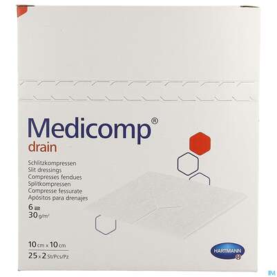 Sie sehen eine Packung Kompressen Medicomp/drain Vliesstoff/schlitzkompr. 6f Steril 10x10cm 25x2 50st, Produktbild: 01 Kompressen Medicomp/drain Vliesstoff/schlitzkompr. 6f Steril 10x10cm 25x2 50st, A-Nr.: 1652130 - 01