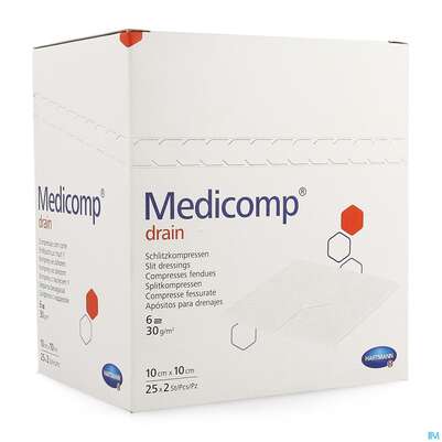 Sie sehen eine Packung Kompressen Medicomp/drain Vliesstoff/schlitzkompr. 6f Steril 10x10cm 25x2 50st, Produktbild: 02 Kompressen Medicomp/drain Vliesstoff/schlitzkompr. 6f Steril 10x10cm 25x2 50st, A-Nr.: 1652130 - 02