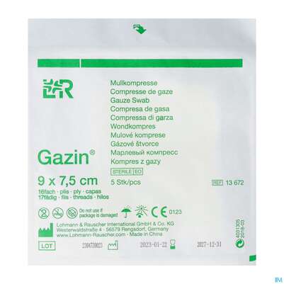 Sie sehen eine Packung Mullkompressen Gazin Baumw.17faedig Steril 16fach 9x7,5cm 5st, Produktbild: 02 Mullkompressen Gazin Baumw.17faedig Steril 16fach 9x7,5cm 5st, A-Nr.: 2575093 - 02