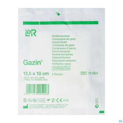 Sie sehen eine Packung Mullkompressen Gazin Baumw.17faedig Steril 16fach 12,5x10cm 2st, Produktbild: 02 Mullkompressen Gazin Baumw.17faedig Steril 16fach 12,5x10cm 2st, A-Nr.: 2570150 - 02