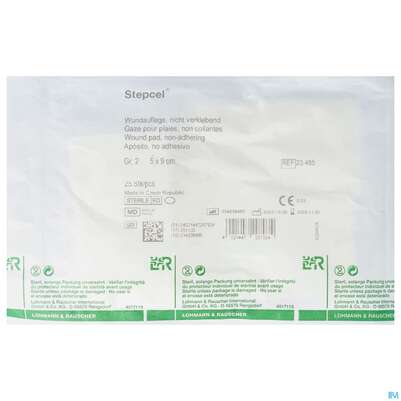Sie sehen eine Packung Wundauflagen Stepcel/gazelin Steril Gr 2 25st, Produktbild: 01 Wundauflagen Stepcel/gazelin Steril Gr 2 25st, A-Nr.: 0986550 - 01