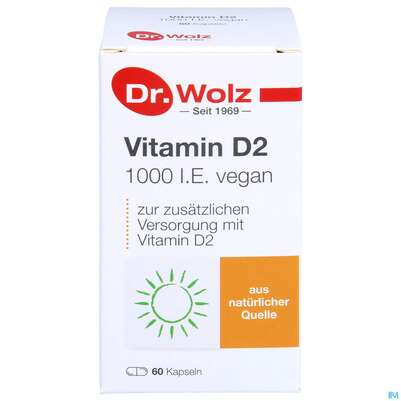 Sie sehen eine Packung Vitamin D2 Kapseln Vegan Dr.wolz 60584 60st, Produktbild: 01 Vitamin D2 Kapseln Vegan Dr.wolz 60584 60st, A-Nr.: 4164796 - 01