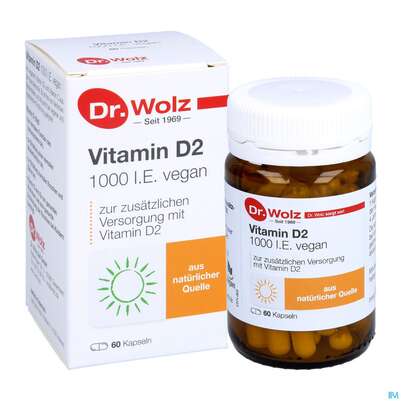 Sie sehen eine Packung Vitamin D2 Kapseln Vegan Dr.wolz 60584 60st, Produktbild: 05 Vitamin D2 Kapseln Vegan Dr.wolz 60584 60st, A-Nr.: 4164796 - 05