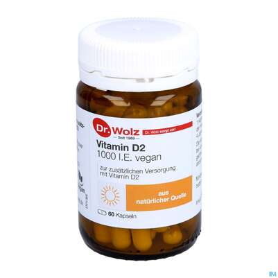 Sie sehen eine Packung Vitamin D2 Kapseln Vegan Dr.wolz 60584 60st, Produktbild: 06 Vitamin D2 Kapseln Vegan Dr.wolz 60584 60st, A-Nr.: 4164796 - 06